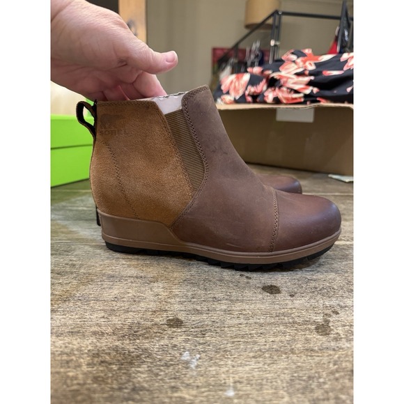 Sorel Women's Evie Leather Wedge Ankle Boot Suede Leather Brown Tan Size 7.5 - Picture 4 of 11